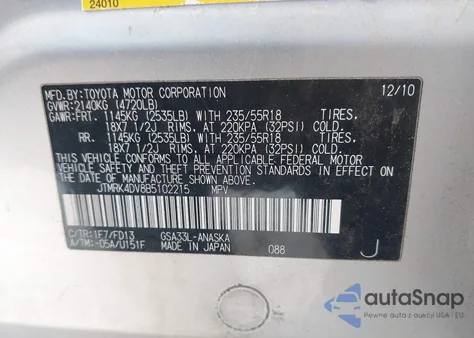 2011 Toyota Rav4 Sport V6 z USA, uszkodzony, nr VIN JTMRK4DV8B5102215